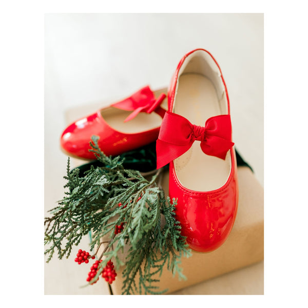 Amelia Toddler Girls Patent Red Flat With Bow - Special Occasion - L'Amour Shoes Dress Shoes