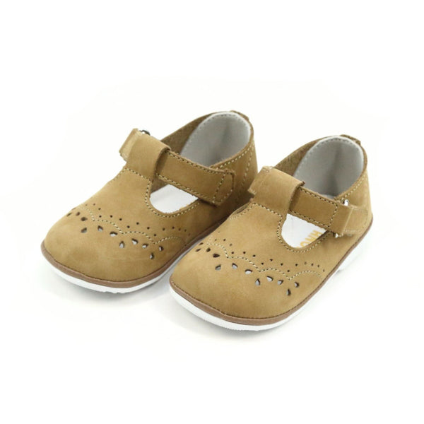Angel Baby Girls Birdie Nubuck Khaki Leather T-Strap Mary Jane