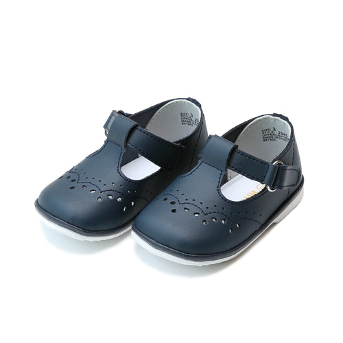 Birdie Navy Leather T-Strap Stitched Mary Jane (Baby) - Angel Baby Shoes