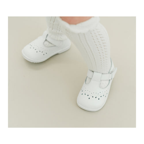 Birdie White Leather T-Strap Stitched Mary Jane (Baby) - Angel Baby Shoes - Baby Gifts