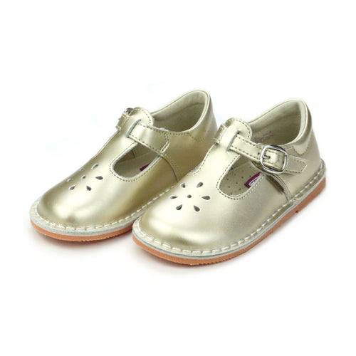 Toddler Girl's Gold Stitch Down Leather T-Strap Mary Jane - Joy - L'Amour Shoes