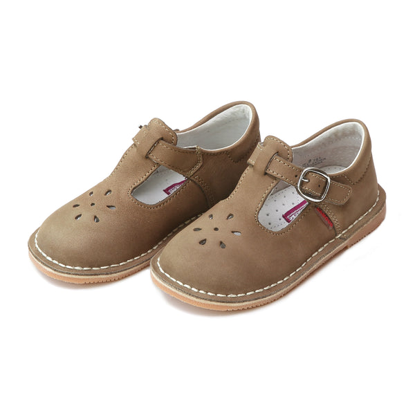Joy Classic Nubuck Khaki Leather Stitch Down T-Strap Mary Jane - L'Amour Shoes