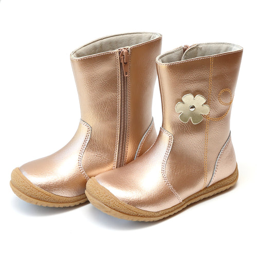 Madison Rosegold Leather Flower Mid Boot - lamourshoes.com
