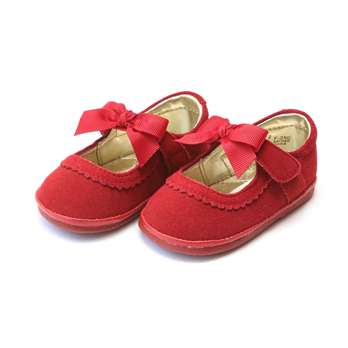 Elsa Red Suede Leather Grosgrain Bow Strap Mary Jane (Baby) - Angel Baby Shoes