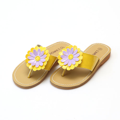 L'Amour Girls Savannah Patent Yellow Flower Thong Sandal - lamourshoes.com