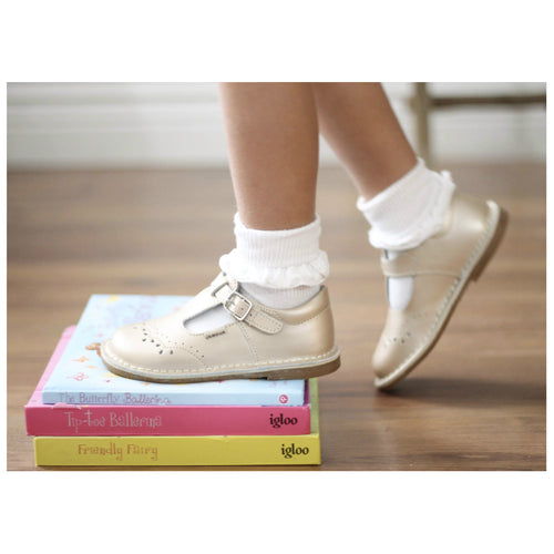Toddler Girls' School Shoe - Ruthie Champagne Leather T-Strap Stitch Down Mary Jane - lamourshoes.com