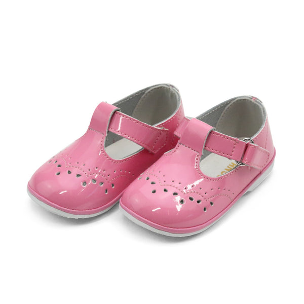 Birdie Patent Malibu Pink Leather T-Strap Stitched Mary Jane (Baby) - Angel Baby Shoes