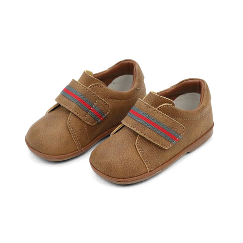 ARchie Baby Boy Chestnut Brown Leather First Walker Green Red Strip Velcro - Angel Baby Shoes