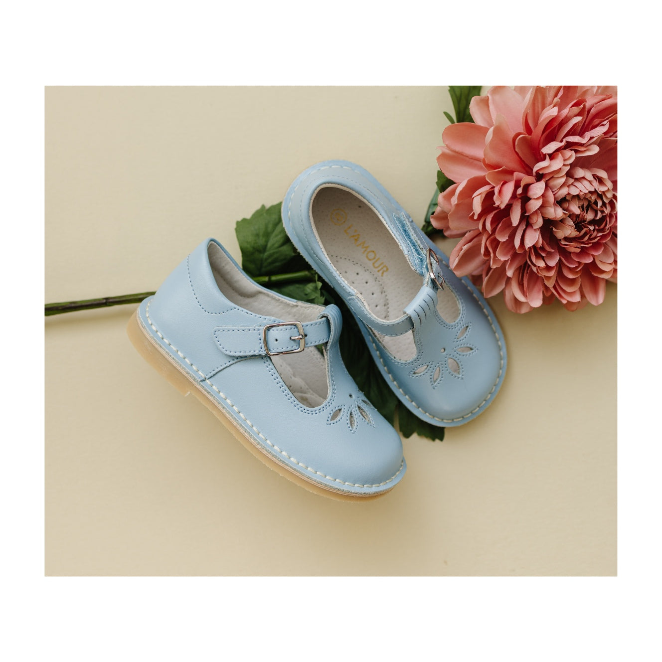 Toddler Girl's Bluebell Blue Leather T-Strap  Mary Jane - Sienna - L'Amour Shoes - Light Blue Children's Shoe