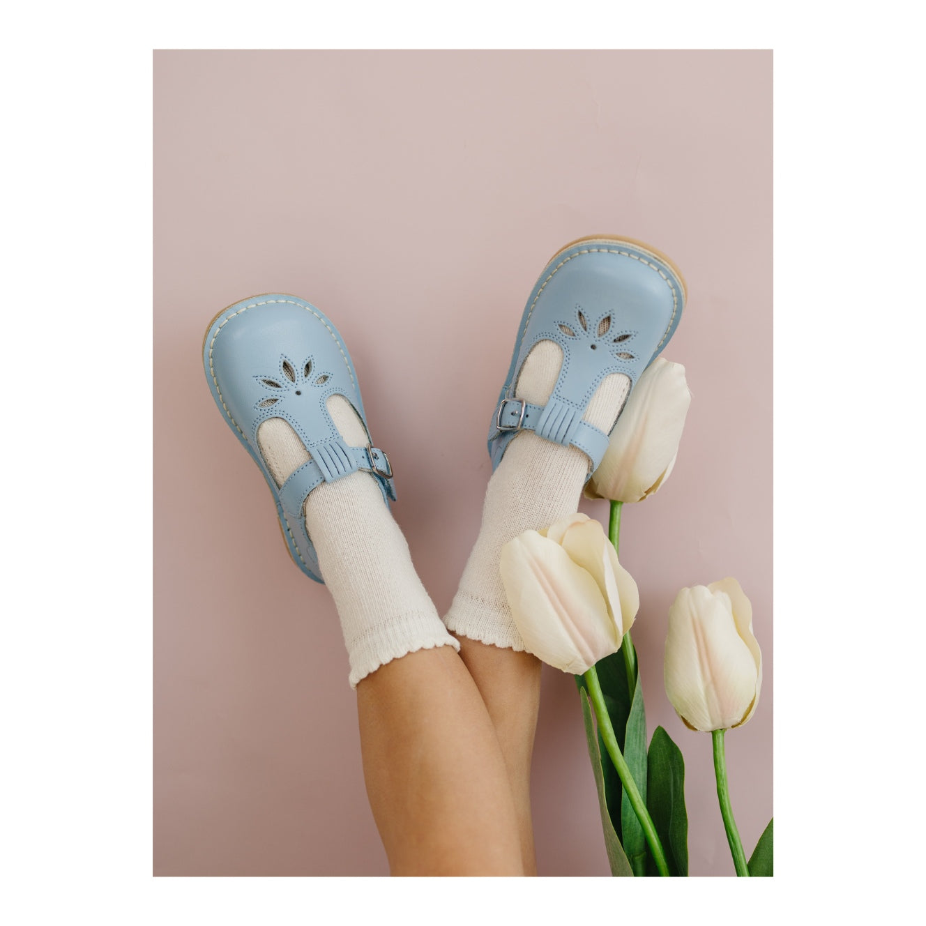 Toddler Girl's Bluebell Blue Leather T-Strap  Mary Jane - Sienna - L'Amour Shoes - Light Blue Children's Shoe