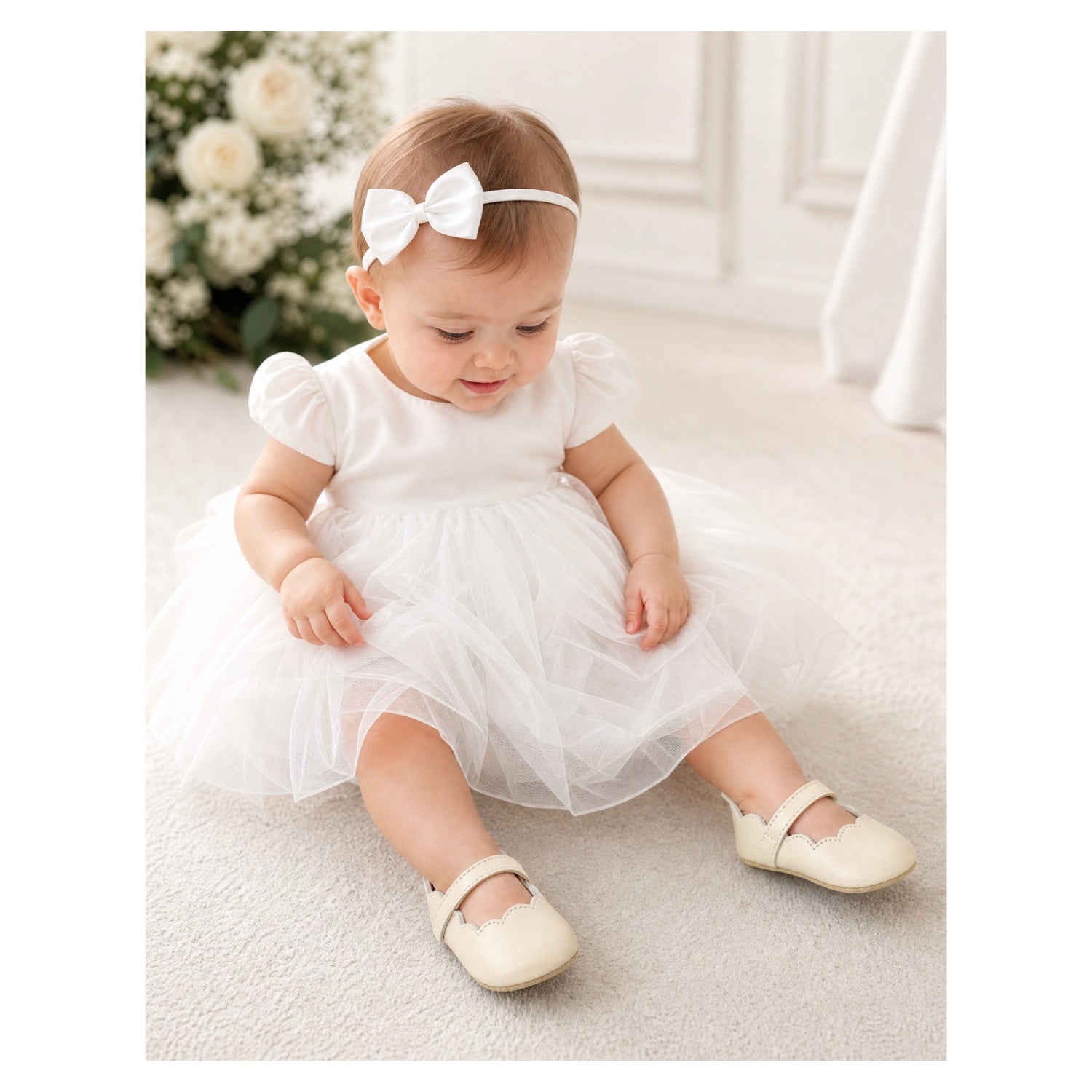 Mimi Baby Girls Oyster Suede Scalloped Mary Jane Crib Shoe (Infant) - L'Amour Shoes