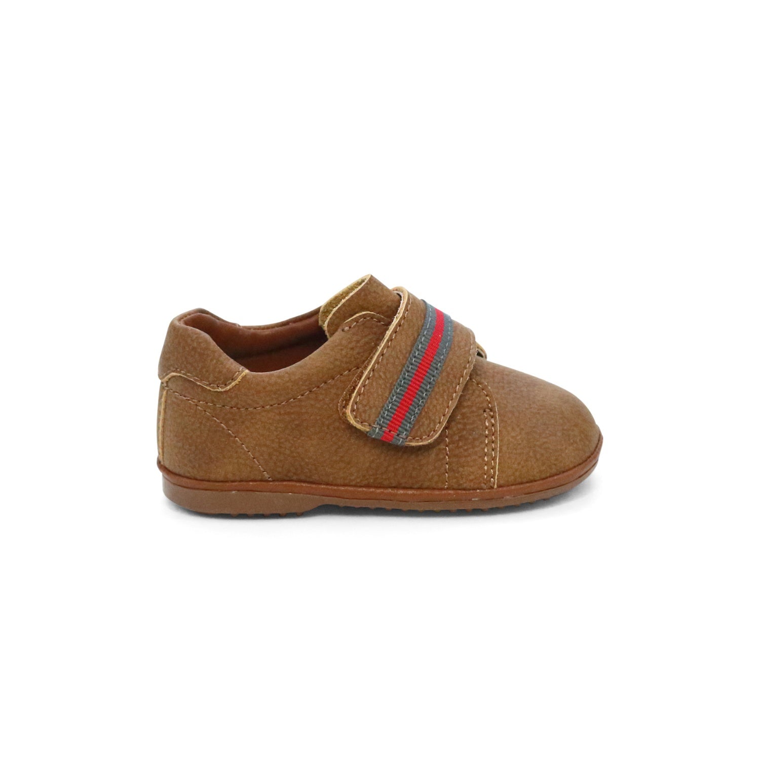 Archie Baby Boy Chestnut Brown Leather First Walker Green Red Stripe Velcro Strap - Angel Baby Shoes