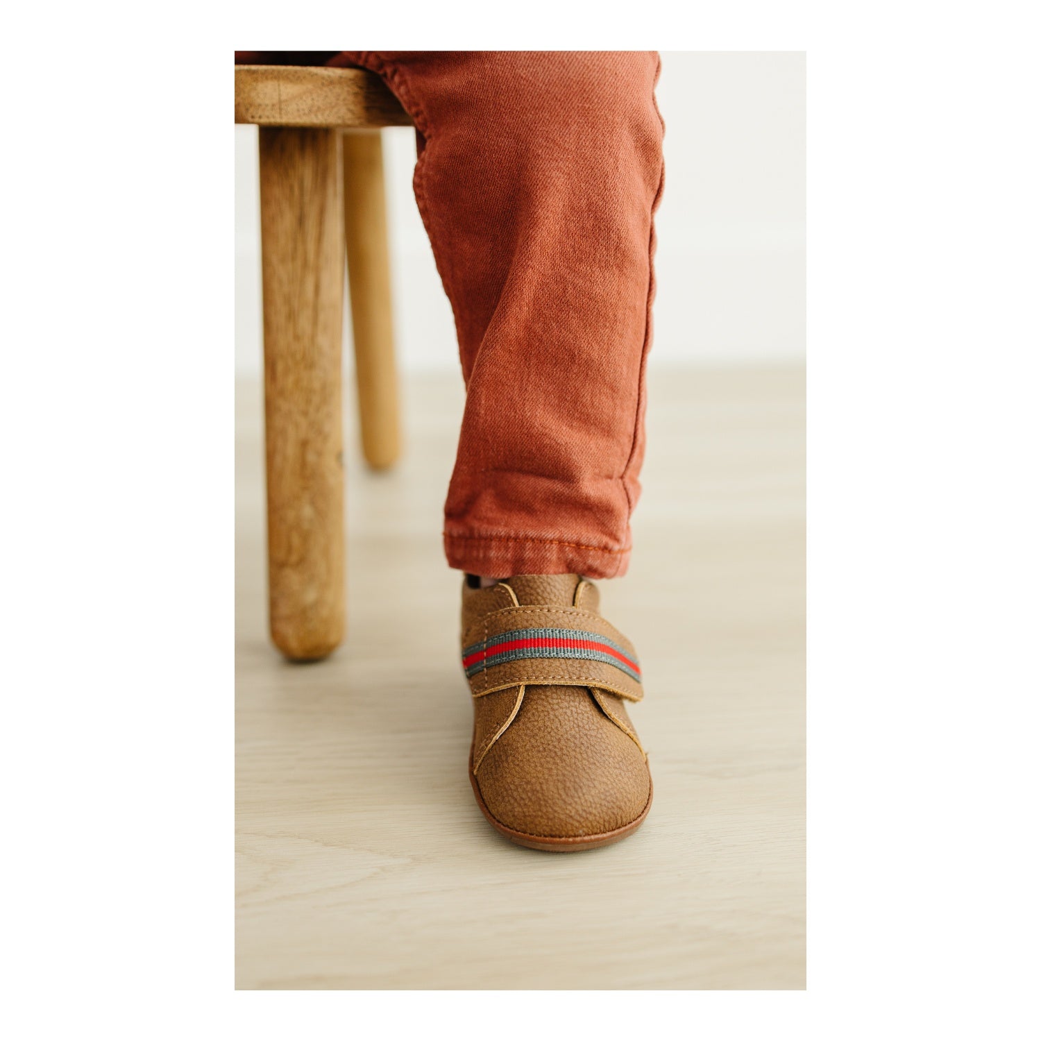 Archie Baby Boy Chestnut Brown Leather First Walker Green Red Stripe Velcro Strap - Angel Baby Shoes