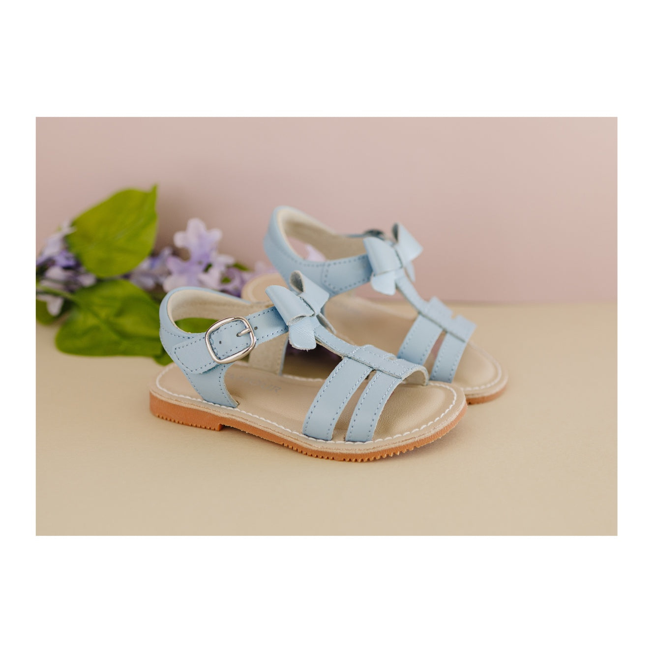 L'Amour Toddler Girls Janie Light Bluebell Blue Bow Velcro Strap Open Toe Sandal - Lamourshoes.com