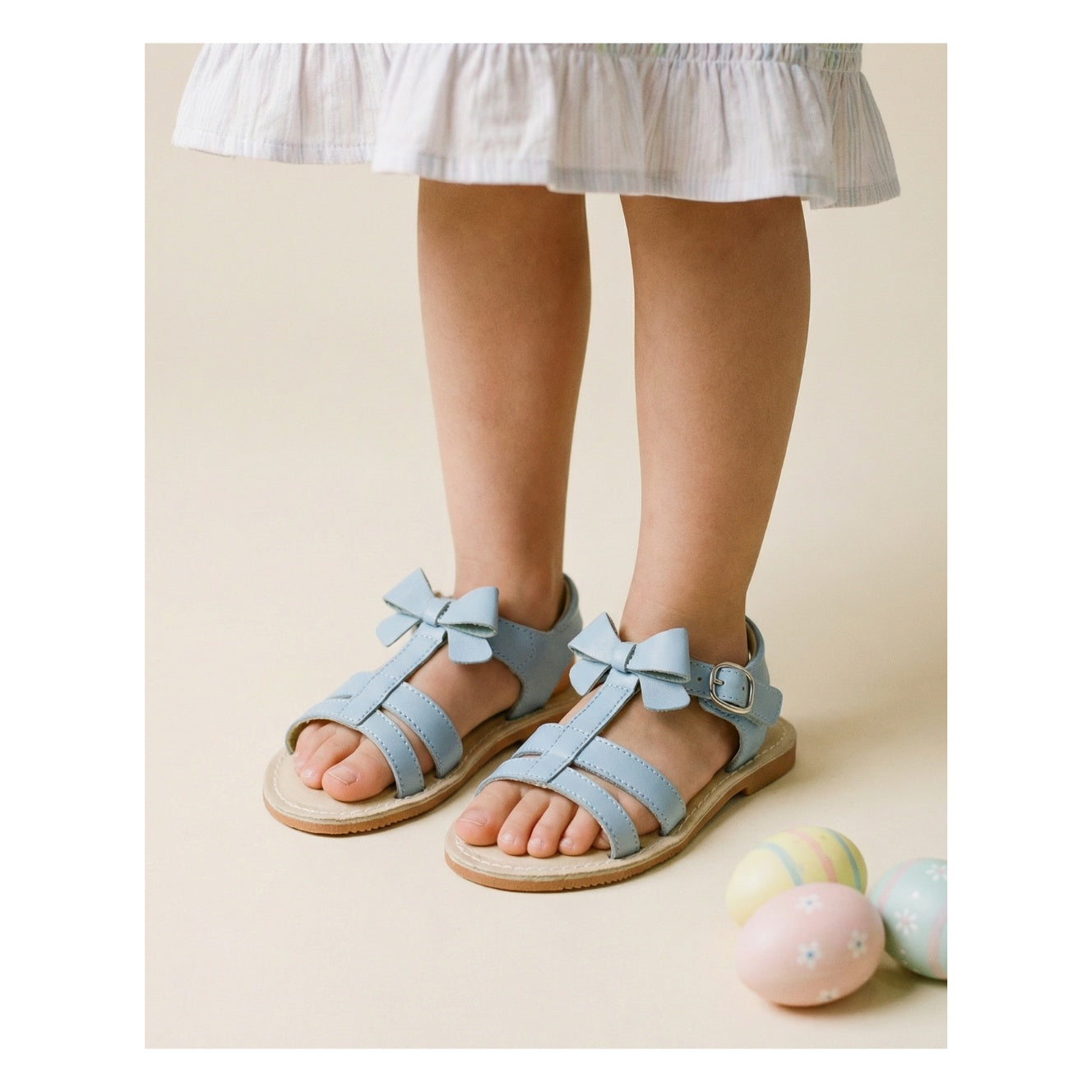 L'Amour Toddler Girls Janie Light Bluebell Blue Bow Velcro Strap Open Toe Sandal - Lamourshoes.com