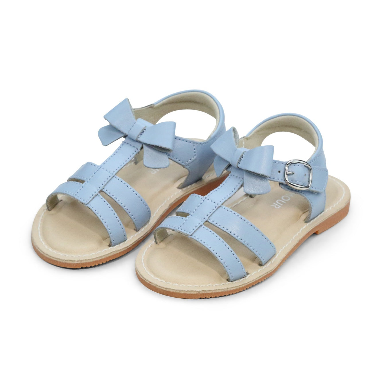 L'Amour Toddler Girls Janie Light Bluebell Blue Bow Velcro Strap Open Toe Sandal - Lamourshoes.com