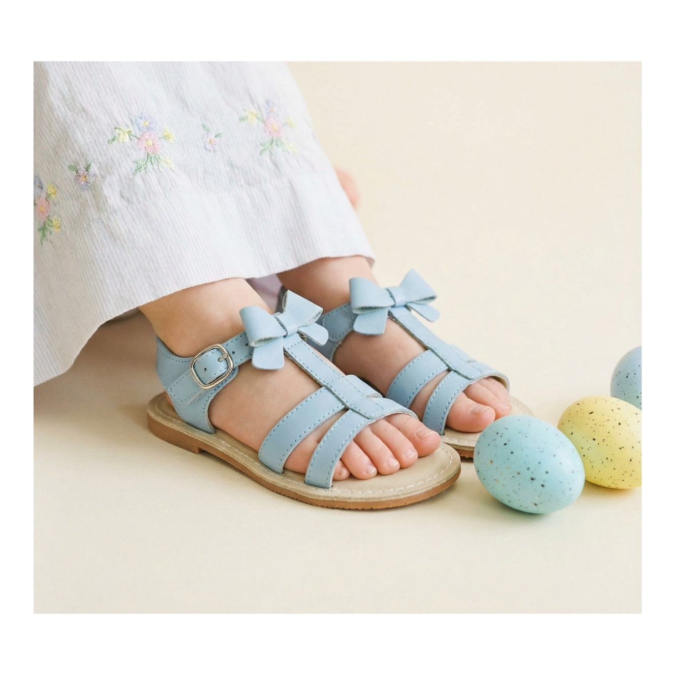 L'Amour Toddler Girls Janie Light Bluebell Blue Bow Velcro Strap Open Toe Sandal - Lamourshoes.com