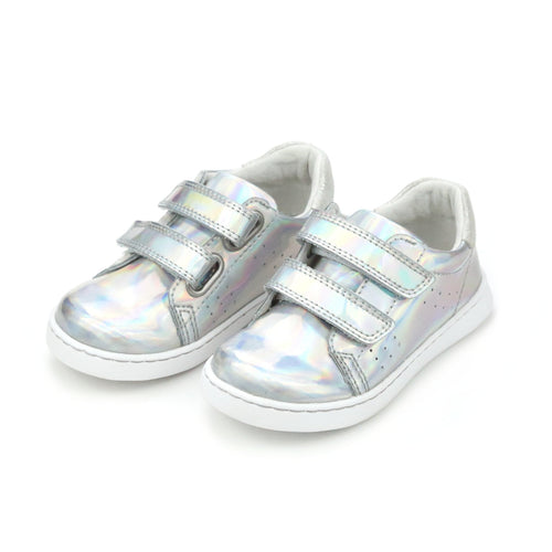 L'Amour Shoes Girls Kenzie Double Velcro Holographic Leather Sneaker