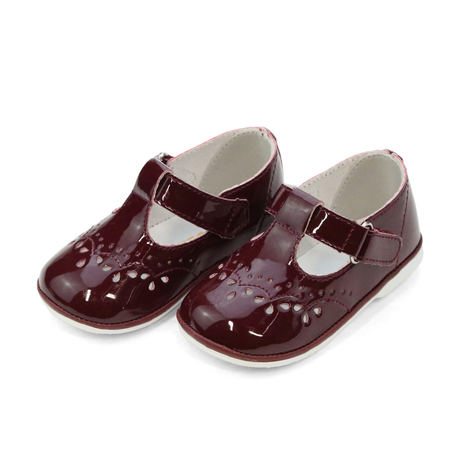 Birdie Patent Burgundy Baby Girl's T-Strap Stitched First Walker Mary Jane - Angel Baby Shoes