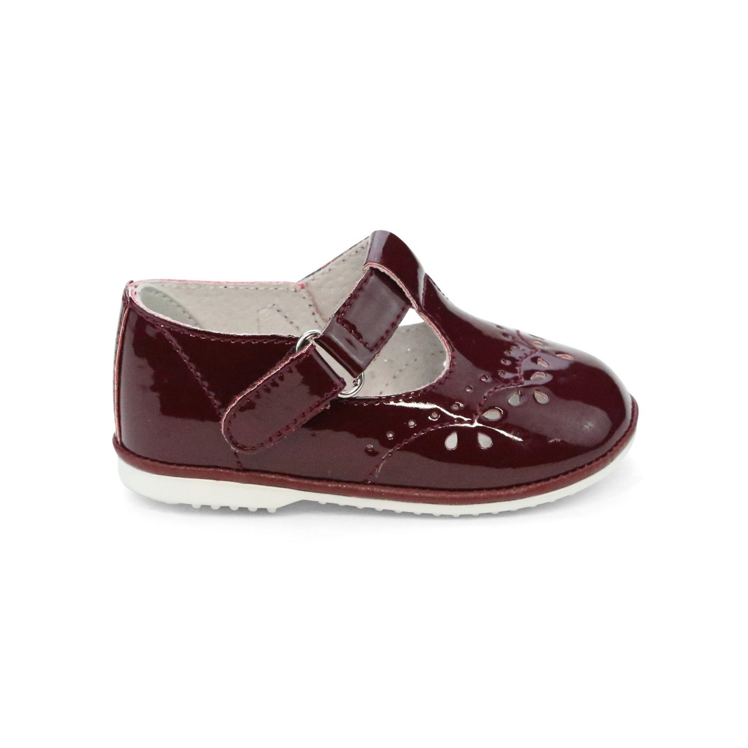 Birdie Patent Burgundy Baby Girl's T-Strap Stitched First Walker Mary Jane - Angel Baby Shoes
