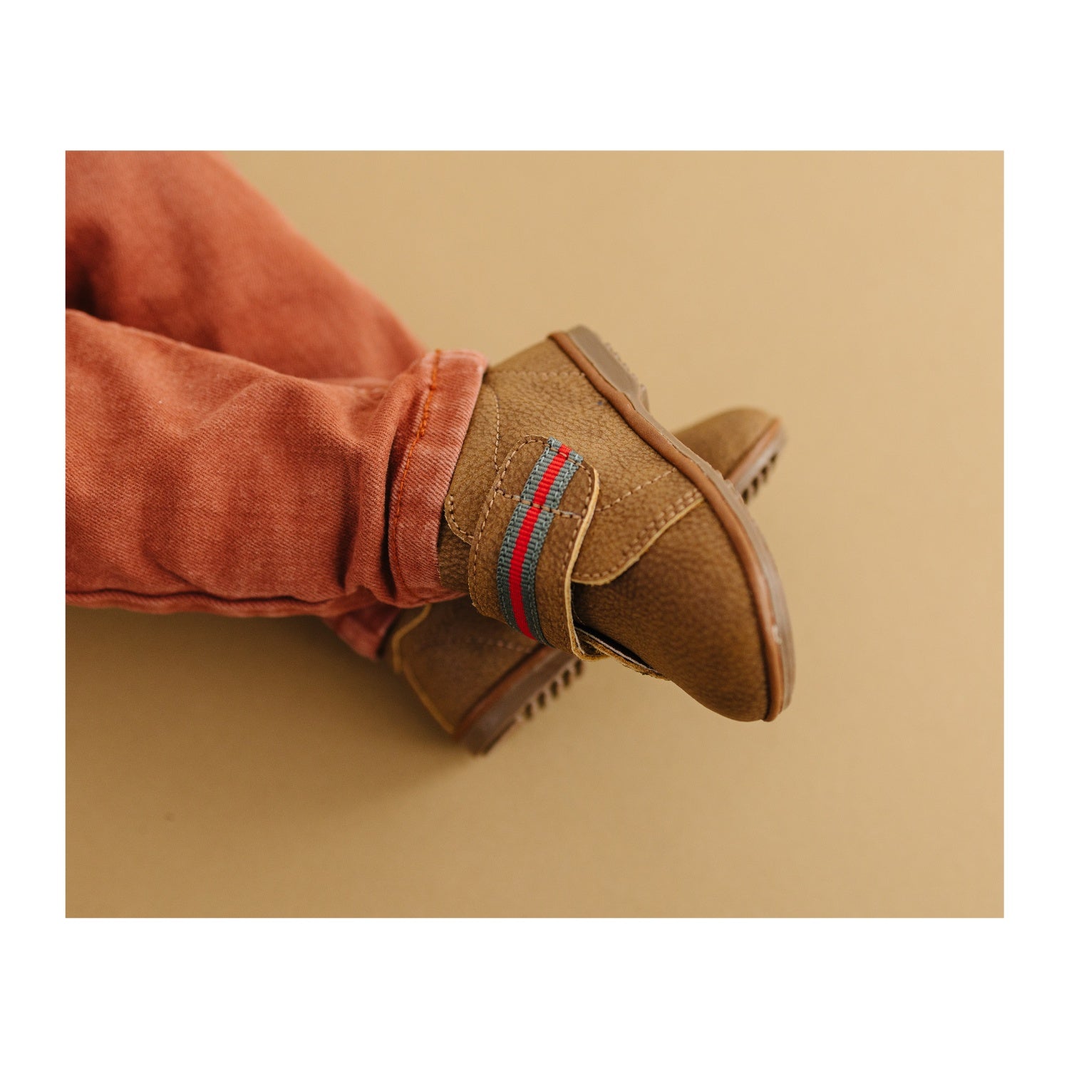 Archie Baby Boy Chestnut Brown Leather First Walker Green Red Stripe Velcro Strap - Angel Baby Shoes