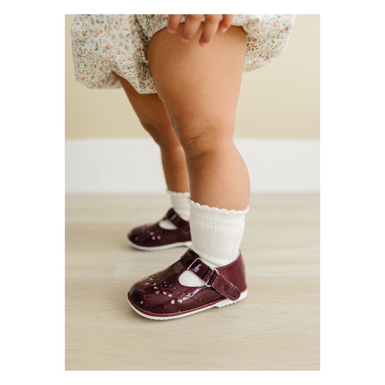Birdie Patent Burgundy Baby Girl's T-Strap Stitched First Walker Mary Jane - Angel Baby Shoes