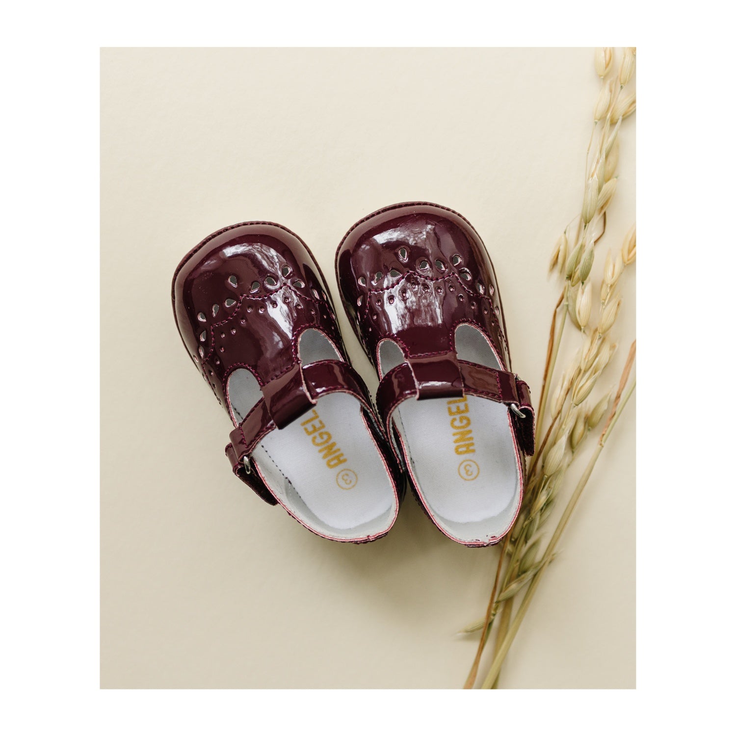Birdie Patent Burgundy Baby Girl's T-Strap Stitched First Walker Mary Jane - Angel Baby Shoes