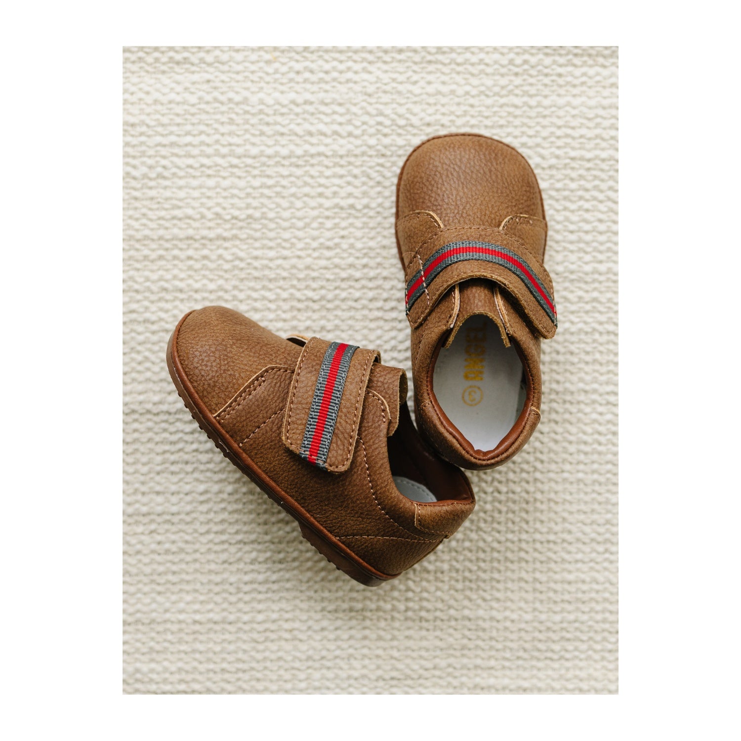 Archie Baby Boy Chestnut Brown Leather First Walker Green Red Stripe Velcro Strap - Angel Baby Shoes