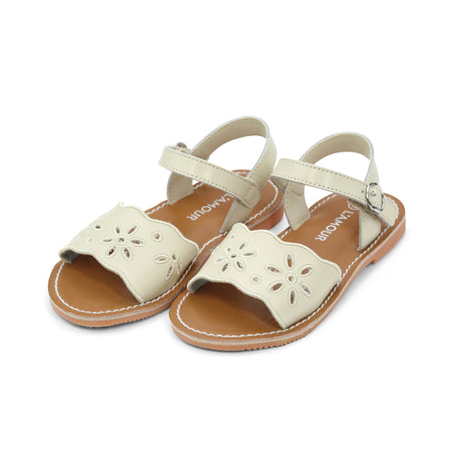 L'Amour Toddler Girls Augusta Embroidered Scalloped Toe Oatmeal Leather Sandal