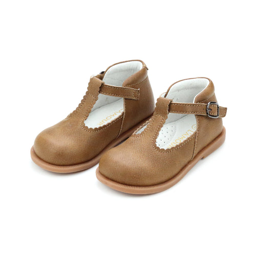 Toddler Girl's Louise Scalloped T-Strap Mary Jane - L'Amour Shoes - Chestnut brown color