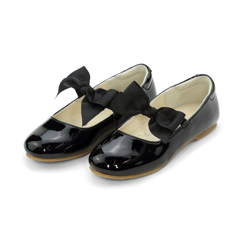 Amelia Toddler Girls Patent Black Flat With Bow - Special Occasion - L'Amour Shoes Dress Shoes