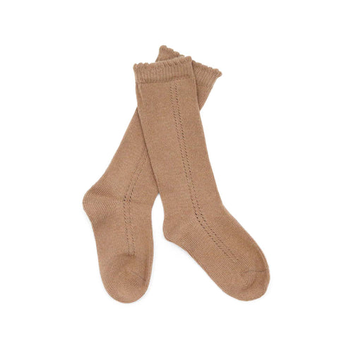 Girls Milk Chocolate Openwork Knee Sock - L'Amour Shoes