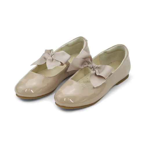 Amelia Girls Patent Taupe Flat With Bow - Special Occasion