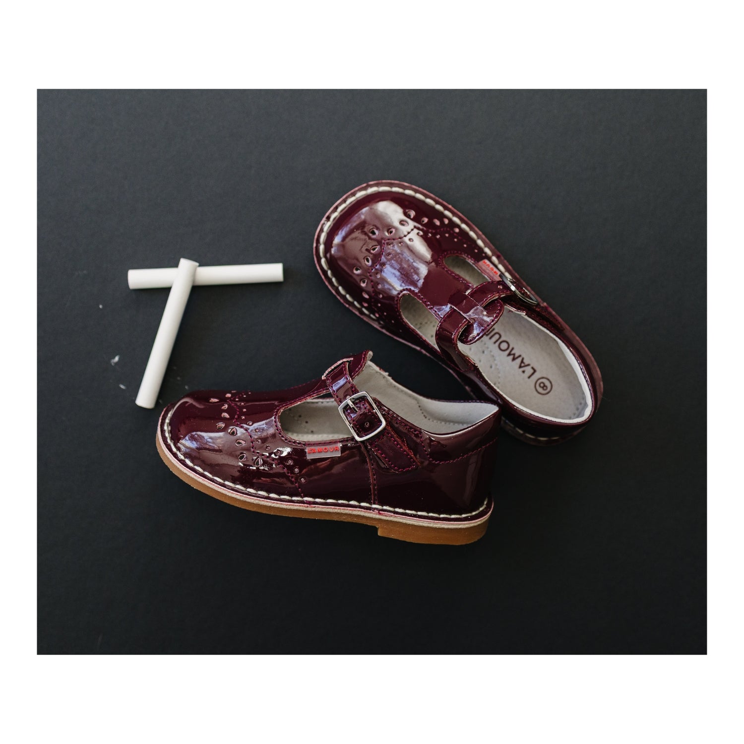 Ruthie Patent Burgundy T-Strap Stitch Down Mary Jane - lamourshoes.com - Toddler Girl's Shoes
