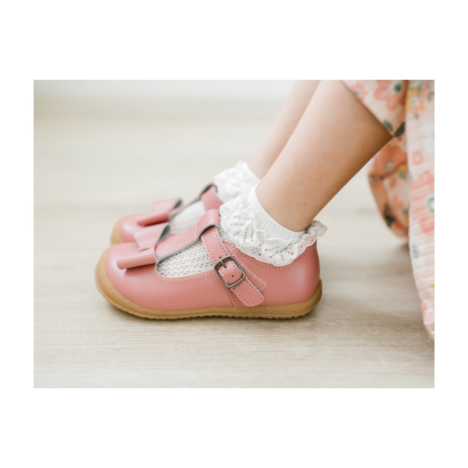 Emma Toddler Girl's Bow T-Strap Leather Mary Jane - Rose - L'Amour Shoes