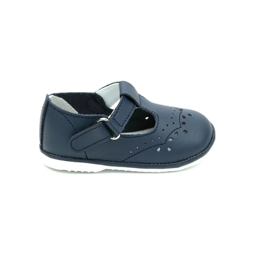 Birdie Navy Leather T-Strap Stitched Mary Jane (Baby) - Angel Baby Shoes