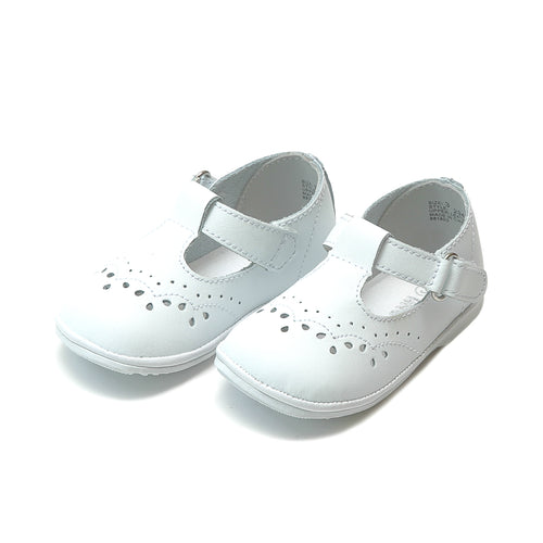 Birdie White Leather T-Strap Stitched Mary Jane (Baby) - Angel Baby Shoes