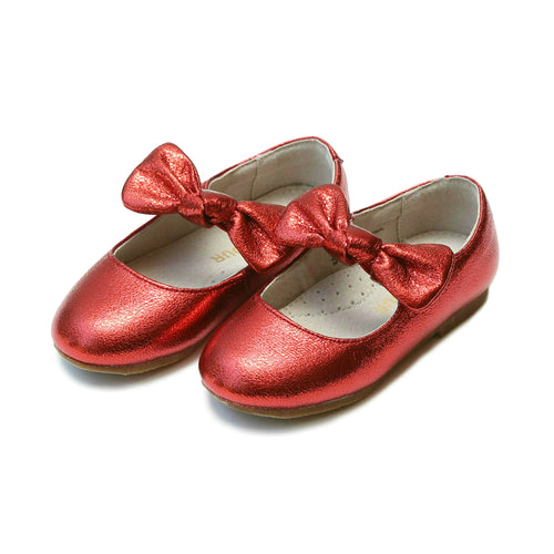 Celia Knotted Bow Flat in Crinkled Metallic Red - L'Amour Shoes
