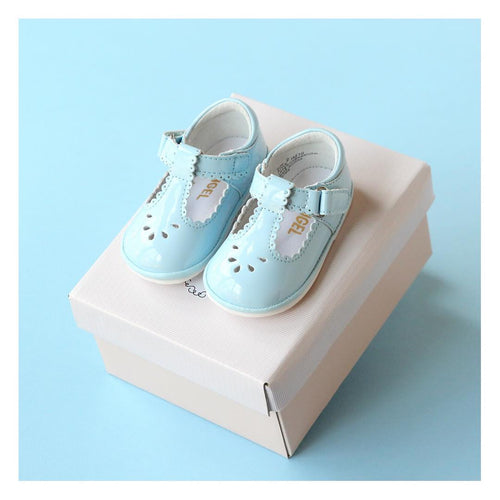 Dottie Patent Sky Blue Scalloped T-Strap Mary Jane (Baby) - Angel Baby Shoes - L'Amour Shoes
