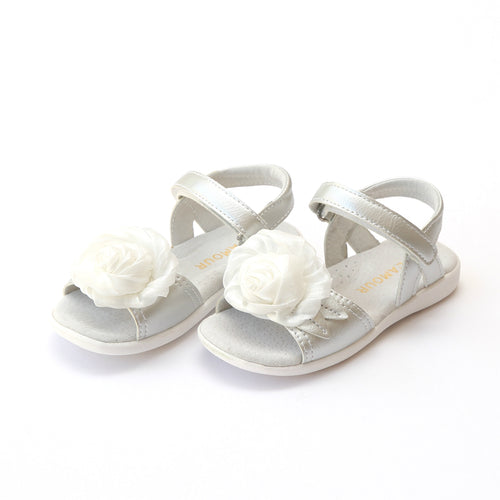 L'Amour Girls Rosamund Rosette Special Occasion Silver Leather Sandal - Lamourshoes.com