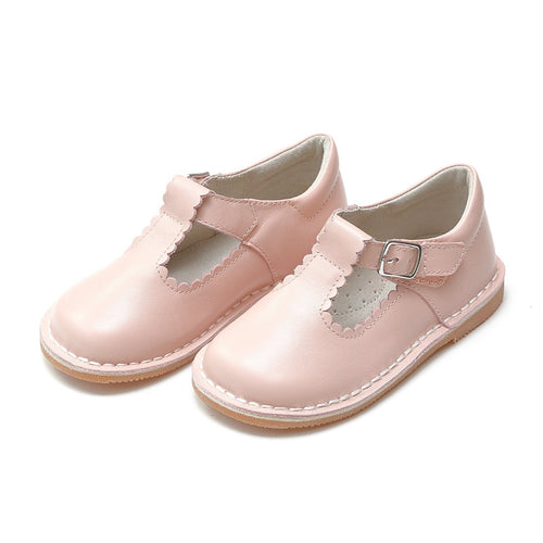 L'Amour Shoes Selina Pink Scalloped T-Strap Stitch Down Mary Jane