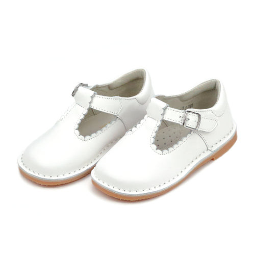 L'Amour Shoes Selina White Scalloped T-Strap Stitch Down Mary Jane