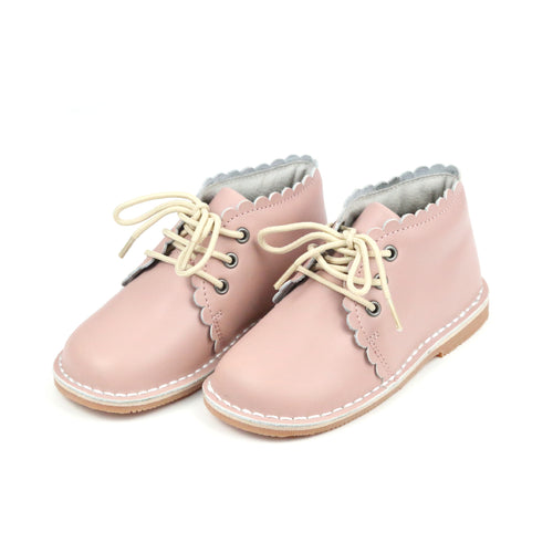 Toddler Girl's Pink Leather Boots -  Georgie Scalloped  Lace Up Boot - L'Amour Shoes