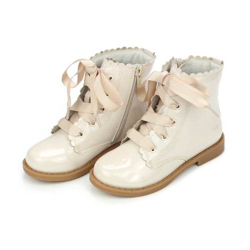 Toddler Girl's Patent Cream Combat Boot - Josephine Scallop Boot - L'Amour Shoes