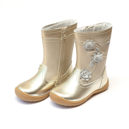 Brittany Gold Leather Stitched Flower Mid Boot - L'Amour Boots