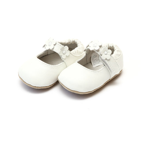 Hope White Soft Leather Flower Strap Crib Mary Jane (Infant) - L'Amour Baby Shoes - Newborn Infant Shoes