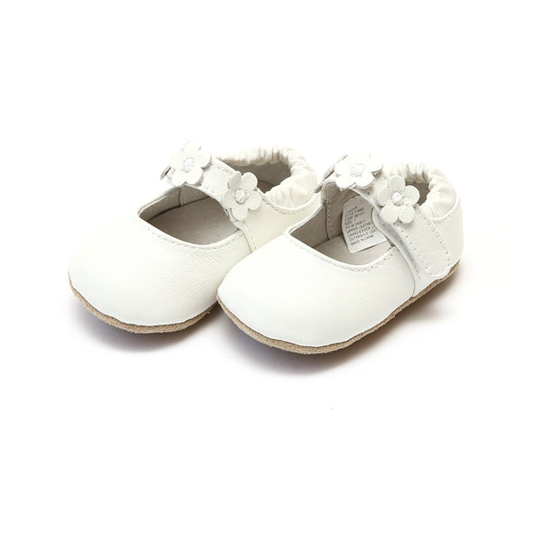 Hope White Soft Leather Flower Strap Crib Mary Jane (Infant) - L'Amour Baby Shoes - Newborn Infant Shoes