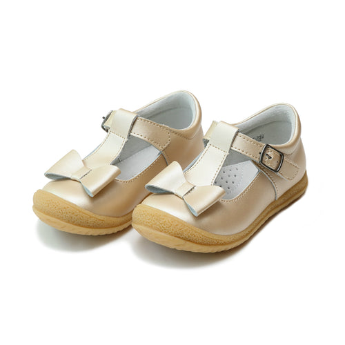 L'Amour Girls Emma Champagne Shimmer Bow T-Strap Mary Jane - Lamourshoes.com