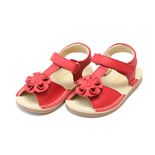 L'Amour Girls Suzanne Red Flower T-Strap Leather Sandal - Lamourshoes.com