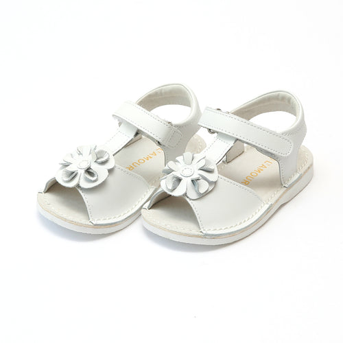 L'Amour Girls Suzanne White Flower T-Strap Leather Sandal - Lamourshoes.com